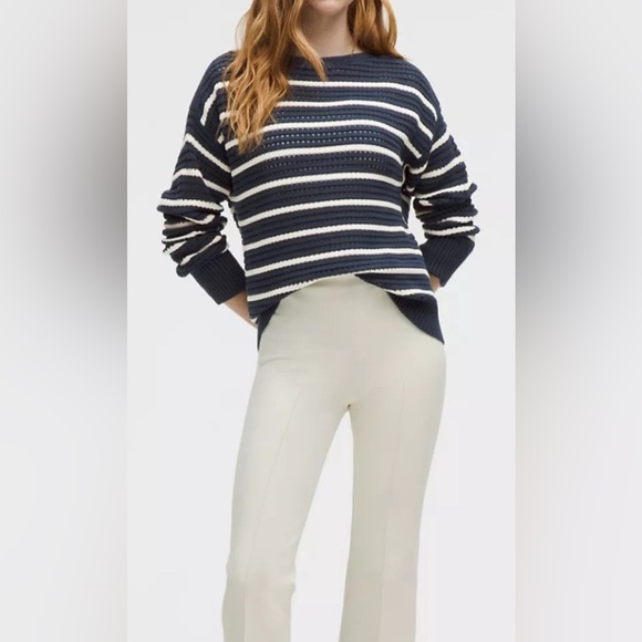 Lululemon cotton blend pointelle sweater. Like new. Navy and cream stripe. - Picture 1 of 6